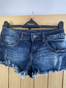 Buffalo Distressed Denim Hot Pants Size 8 Women's Low Rise Zip Fly Dark Blue - Picture 1 of 4