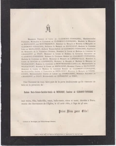 1882 Faire-part décès Natalie de BIENCOURT, Comtesse de CLERMONT-TONNERRE Paris - Imagen 1 de 1