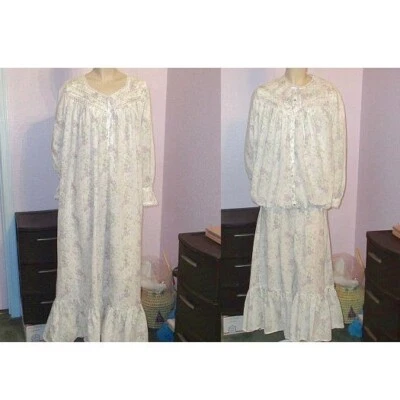 复古 Eileen West 长睡衣和床夹克 尺寸 M L 口袋 荷叶边 蕾丝 2 件套 — 第 1/4 张图片