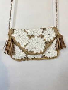 ibBan Anthropologie Straw Woven Burlap White Floral Beaded Rhinestones Tote Bag - Picture 1 of 13