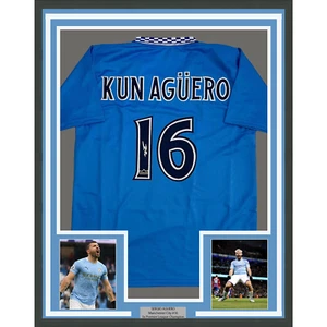 Framed Facsimile Autographed Sergio Kun Aguero 35x39 Man City Reprint Jersey - Picture 1 of 2