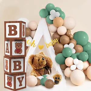 Teddy Bear Baby Shower Boxes Balloon Party Decor wood grain gender birth theme - Picture 1 of 10