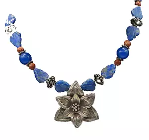 925 Silver Vintage Lapis Lazuli Sodalite & Goldstone Chain Necklace NE3529 - Picture 1 of 7