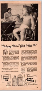 1948 Print Ad Johnson's Baby Oil Powder Exaggerated Giant Baby Mini Mom Stroller - Picture 1 of 1