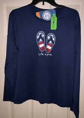 NWT Life is Good Active Patriotic Flip Flops Women's XS Blue L/S Top Shirt - Image 1 of 2