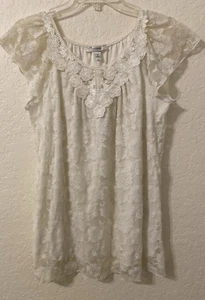 Dressbarn Woman's Short Sleeve Floral Lace Peasant Top Size M Cottagecore Fairy - Picture 1 of 5