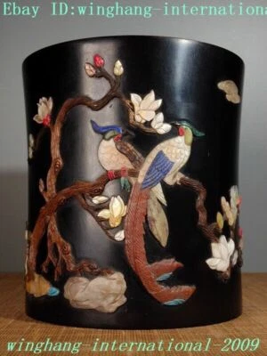 Florero lápiz maceta cepillo pájaro con incrustación de palo de rosa chino de 7" Shoushan Stone Shell Foto 1 de 4