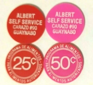 JUEGO DE 2 CUPONES DE FICHA ALBERT AUTOSERVICIO GUAYNABO SELLO DE COMIDA ficha PUERTO RICO - Imagen 1 de 6