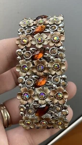 Premier Designs Orange & Brown Rhinestone Bracelet Silver Toned Elastic Retired - Picture 1 of 9