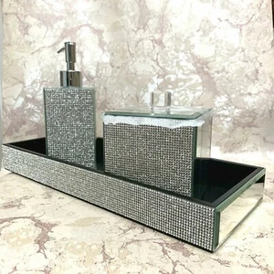Bella Lux Rhinestone Mirror 3 Pc. Set Tray Soap Dispenser Lidded Box Luxury NEW! - Picture 1 of 5
