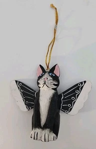 Vintage carved wood Black white Tuxedo CAT Angel w/ wings ornament - Picture 1 of 6