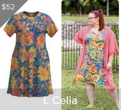 Vestido LuLaRoe Celia Raglán Línea A - Coral, Amarillo Mo&Azul Estampado - Grande Foto 1 de 4