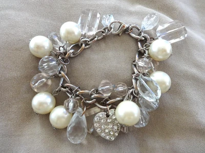 BRAZALETE COLGANTE GRUESO CHARM IMITACIÓN PERA TONO PLATA ACRÍLICO CUENTAS ESTRÁS CORAZÓN Foto 1 de 4