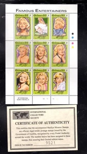 GAMBIA #1398 1993 MARILYN MONROE MINT VF NH O.G SHEET 9 W/CERTIFICATE - Picture 1 of 1