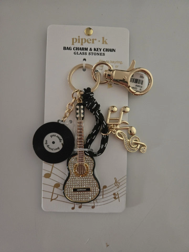 Piper K Bag Charm Keychain Gold Music Notes Guitar Record Rhinestone - Image 1 of 4