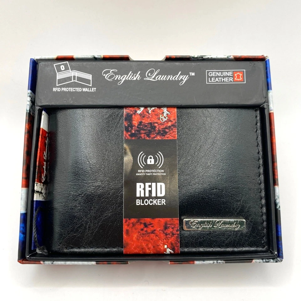 NUEVO EN CAJA Cartera Plegable RFID Inglés Lavandería Hombres Cuero Genuino Negro 2 Ranuras de Identificación Abatibles Foto 1 de 4