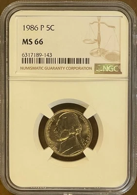 1986-P NGC MS66 (no cac) Proof-Like Jefferson Nickel 5C - Image 1 of 2