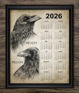 Hugin and Munin Calendar 2026 Print, Norse Mythology Wall Art Poster, Unframed - Picture 1 of 1