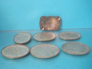 VINTAGE SET OF 6 COASTERS CORK BOTTOM W/ MATCHING ETCHED ASHTRAY "GERMAN SILVER" - Picture 1 of 13