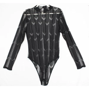 Sheer Black Bodysuit Top Long Sleeve Women XL Goth Edgy Coquette - Picture 1 of 11