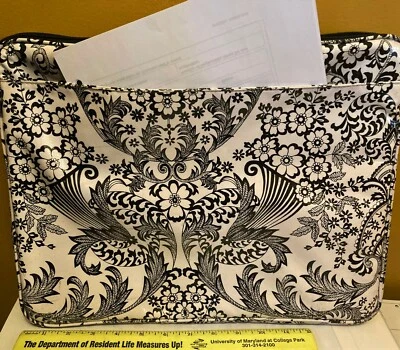 Laptop Computer Sleeve Padded Black & White Floral Zipper Case PVC 14"W x 11" H - Image 1 of 4