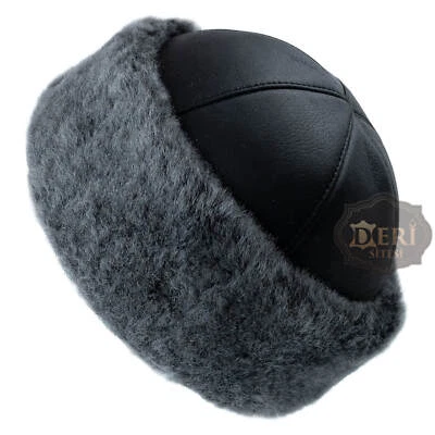 Gorro de piel de oveja gris hecho a mano para hombre - Sombrero de cuero de invierno - Derisitesi Foto 1 de 4