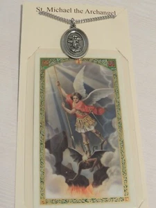 St Michael Archangel Pewter Medallion Stainless Steel Necklace & Prayer Card - Picture 1 of 4