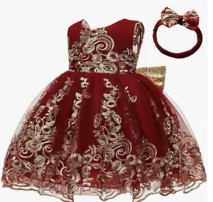Big Bowknot Sequins Embroidered Lace Party Tutu Gown Girls 6MTH Dress & Headwear - Picture 1 of 6