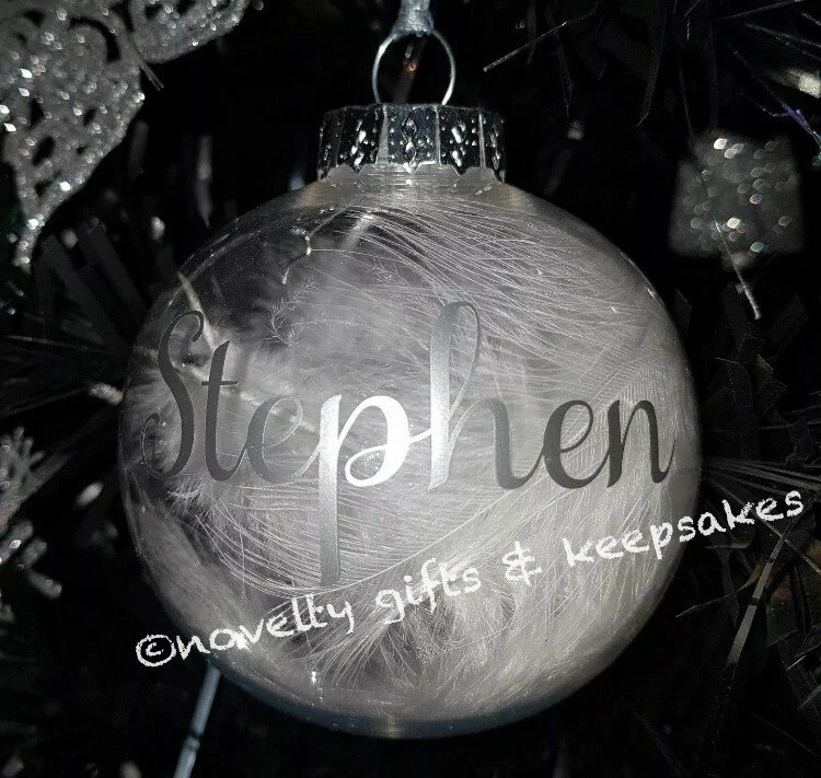 Personalised Christmas Bauble Hanging  Memorial White Feather Rose Gold Snow 8cm - Image 1 of 4