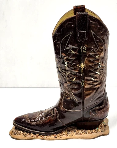 Cimarron Tabletop Leather Boot Clock Gravel On Wooden Plank Cover