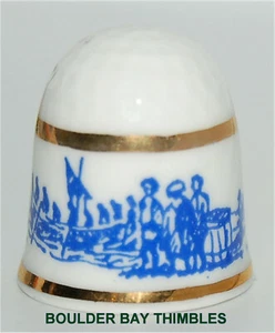 BLUE & WHITE CHINA THIMBLE - DUTCH SCENE - Prople and Boats in Harbor - Picture 1 of 3