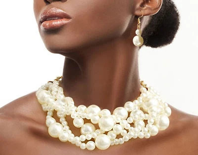 Gorgeous 5 Strands Layered Cream Pearl Chunky Beads Twisted Necklace Set 16" - Image 1 of 4