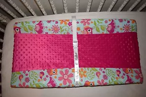 32" CHANGING PAD COVER M/W PINK CHEVRON OWLS & PINK MINKY DOT FLEECE FABRIC - Picture 1 of 2