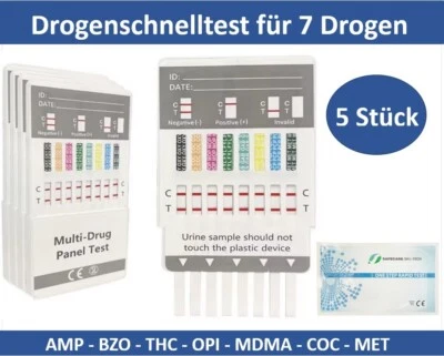 5x Drogenschnelltest - 7 Drogenarten: AMP - BZO - THC - OPI - MDMA - COC – MET - Bild 1 von 4