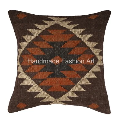 Brown Jute Cushion Cover Throw Indian Vintage Handmade Kilim Pillows Case 18x18" - Изображение 1 из 4