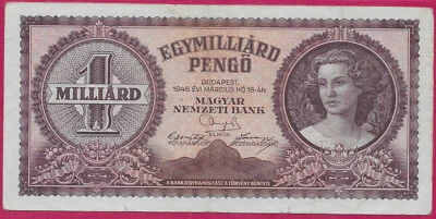 HUNGARY 1,000.000.000 (1 BILLION) EGYMILLIARD PENGO 1946 PORTRAIT OF LUCIA LENDV - Image 1 of 2