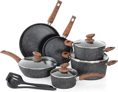 KITCHEN ACADEMY 12PCS Nonstick Hammered Granite Kitchen Cookware Cooking Pots Pans Set Black