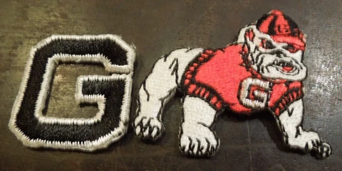 2 University of Georgia Bulldog Patch Lot- 1 small Mascot & 1 Letter G Iron On Cover