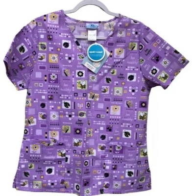 SH Scrubs Nurse NWT Small Short Sleeve V Neck Lavender Purple Bumblebee Top - Image 1 of 4