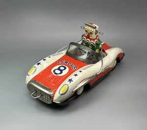 Vintage Tin Friction Circus Robot Clown Bump Car / ATC Asahi Toys Giappone / Uomo Cave - Foto 1 di 18