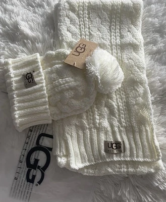 CONJUNTO Bufanda y Sombrero de Invierno Tejido Blanco UGG Nuevo Foto 1 de 4