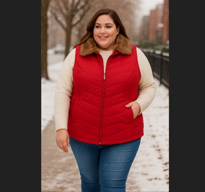 Talbots Down Puffer Vest 3X Red Removable Faux Fur Collar Quilted Zip Pockets - Image 1 of 4