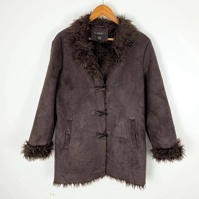 Y2K Style & Co Afghan Jacket Womens Large Brown Faux Suede Toggle Button Coat - Image 1 of 4
