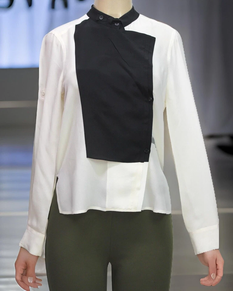 Blusa para mujer BCBG Maxazria manga larga blanca negra 100 % seda talla XS Foto 1 de 4