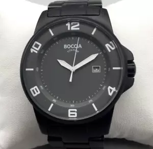 Boccia Titanium Watch Men 43mm Black Date 100M New Battery 7.25" - Picture 1 of 13