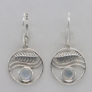 925 Sterling Silver - Round Rainbow Moonstone Fern Wave Leverback Earrings #61 - Picture 1 of 8