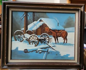 Western Snow Horse Painting Framed - Picture 1 of 12