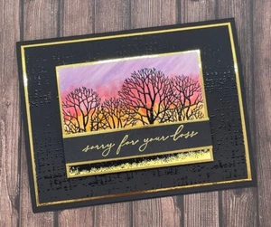 Tree Silhouette Embossed Sunset Sympathy Card Kit, Watercolor, Gold Foil, Loss - Picture 1 of 3
