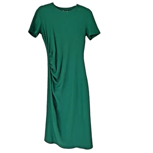 Zara Dress Womens Medium Ruched Kelly Green Ribbed Midi Bodycon Preppy Summer - Picture 1 of 6