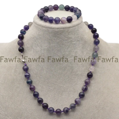 Juego de pulsera collar cuentas gemas redondas de fluorita multicolor púrpura natural de 10 mm Foto 1 de 4